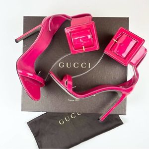 Gucci Heel Hot Pink Patent Leather Buckle Ankle Strappy Sandal Barbie EU 37 US 7
